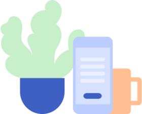 plants, phone and cup